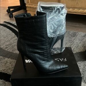 Black Croc-Embossed Ankle Boots